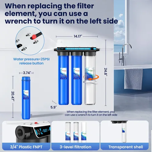 Vista 5 de Sistema de filtro de agua para toda la casa, sistema de filtración de agua de 3 etapas para toda la casa, entrada/salida de 3/4 pulgadas, reduce