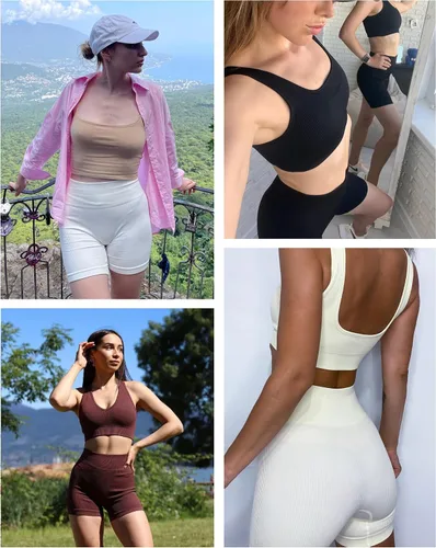 Vista 6 de Pantalones cortos de entrenamiento para mujer, pantalones cortos acanalados sin costuras, pantalones cortos de elastano de gimnasio de cintura alta