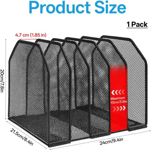 Vista 3 de Organizador de archivos de escritorio vertical de 5 secciones de metal ajustable para revistas, organizador vertical para estantería de escritorio