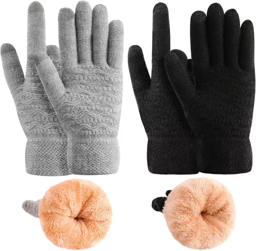 Vista 47 de Guantes de invierno cálidos para pantalla táctil para mujer, guantes térmicos de punto de lana con forro polar para clima frío