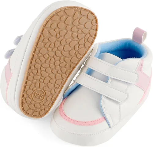 Vista 5 de ESTAMICO - Tenis de piel sintética para bebés, niños y niñas, suela de goma antideslizante, para primeros pasos, zapatos para exteriores