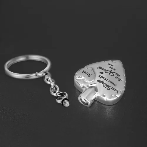 Vista 2 de Joyería de cremación de acero inoxidable con texto en inglés "Your Wings were Ready but My Heart was Not Memorial", llavero de urna para cenizas