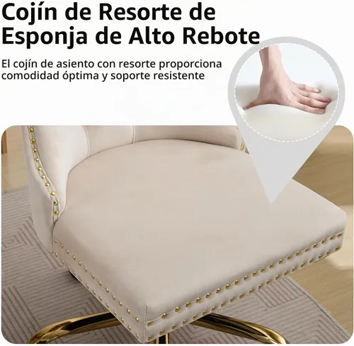 Vista 4 de Silla de escritorio de terciopelo beige para oficina en casa con ruedas y base dorada, linda silla de tocador con respaldo acolchado para mujeres