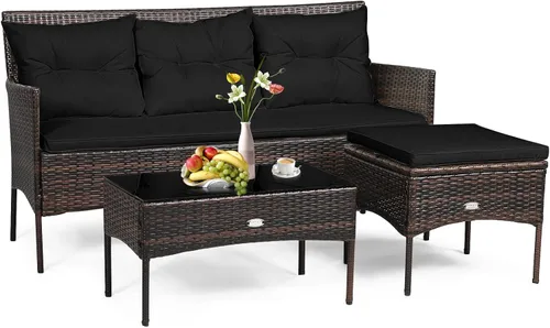 Vista 12 de RELAX4LIFE Juego seccional de muebles de patio de 3 piezas, conversación de mimbre de ratán con 5 cómodos cojines de asiento y respaldo, mesa