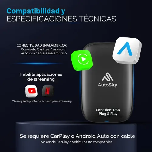 Vista 2 de AutoSky AI Box Lite – Adaptador inalámbrico para CarPlay y Android Auto para CarPlay de fábrica (2016+) – Soporta transmisión de YouTube y Netflix