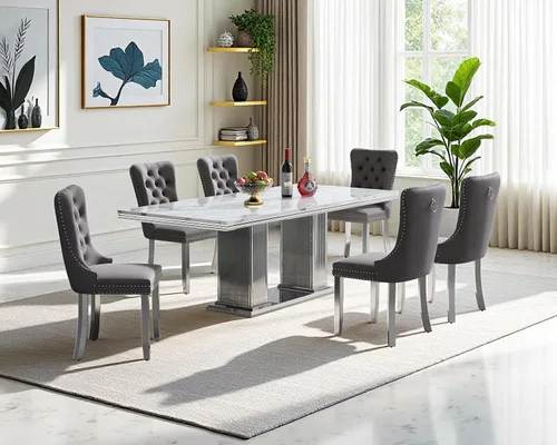 Vista 28 de Juego de mesa de comedor de mármol para 4, mesa de cocina rectangular de mármol negro de 68 pulgadas con base en H de acero inoxidable dorado, juego