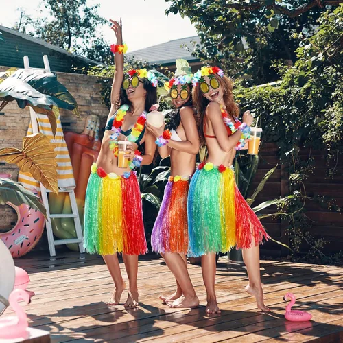 Vista 5 de Skylety 2 Sets 60 cm Luau Hula Grass Skirt with Pineapple Sunglasses Flower Accessories for Dance