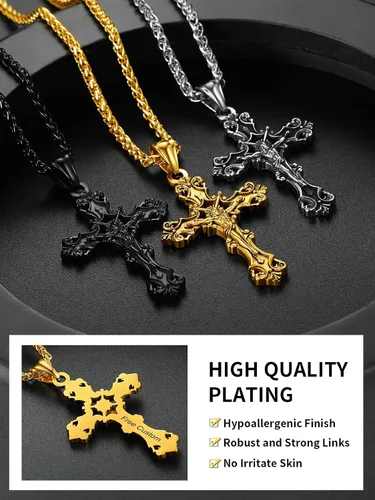 Vista 5 de ChainsHouse Collar de cruz para hombre, chapado en oro de 18 quilates, acero inoxidable, joyería cristiana, collar con colgante de cruz