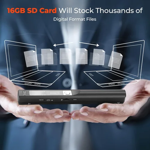 Vista 7 de Escáner portátil MUNBYN, escáner de fotos para documentos A4, imágenes, páginas y textos en 900 DPI, escaneo plano, incluye tarjeta SD de 16G