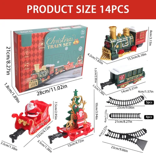 Vista 3 de Juego de tren eléctrico de 14 piezas para niños, luz y sonidos, tren de Navidad simulado con 4 carruajes, juegos clásicos de Navidad con pistas