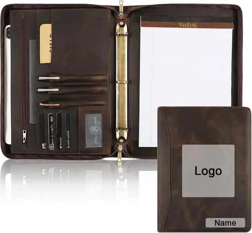 Vista 11 de Organizador de cartera de cuero genuino, carpeta de 3 anillos con bloc de notas, carpeta de cuero personalizada para hombres y mujeres