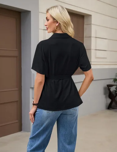 Vista 3 de Blooming Jelly Camisa con botones para mujer, cuello con lazo, manga corta, casual, para negocios, blusa de trabajo a la moda de verano