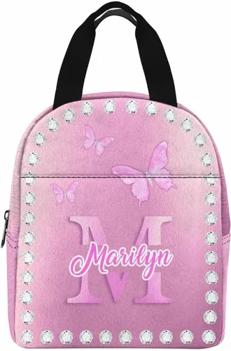 Vista 30 de InterestPrint Bolsa de almuerzo con nombre personalizado para hombres y mujeres, diseño de mariposa rosa y azul personalizada, caja de almuerzo