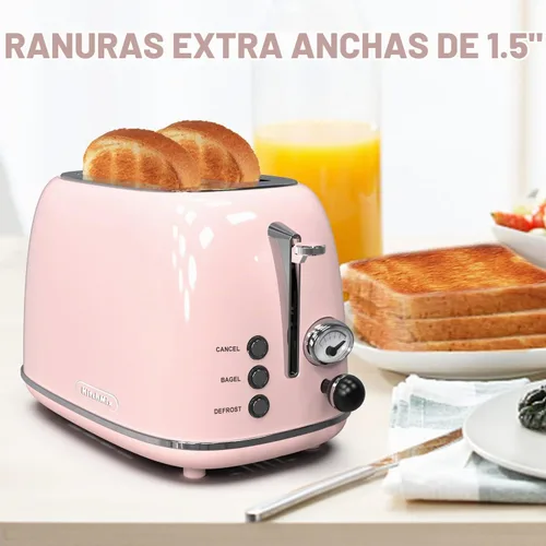 Vista 2 de Tostadora de 2 rebanadas, tostadora retro de acero inoxidable con 6 ajustes, ranuras extra anchas de 1.5 pulgadas, función de Rosa bebé