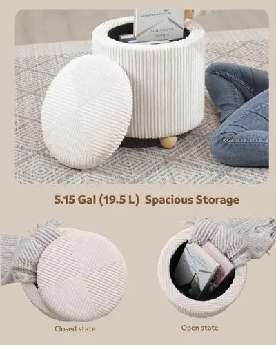 Vista 4 de Adeco Otomana redonda de almacenamiento, taburete tapizado para maquillaje, taburete de terciopelo para dormitorio, dormitorio beige