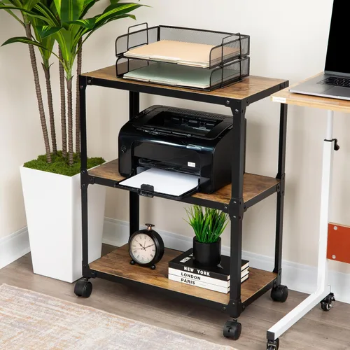 Vista 6 de Mind Reader Carrito con ruedas multiusos de 3 niveles, almacenamiento para el hogar, carrito de bar, soporte para microondas, organizador