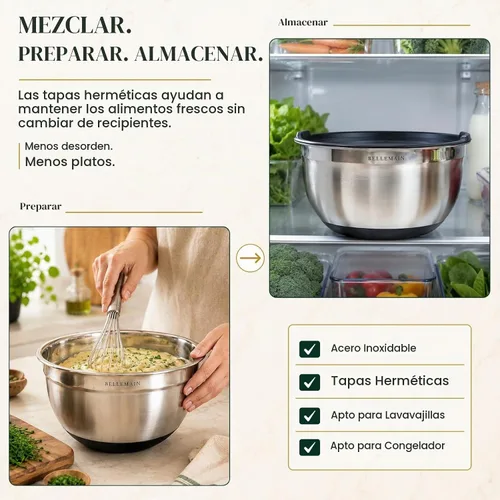 Vista 2 de Bellemain Juego de cuencos para mezclar con tapas, cuencos de acero inoxidable con tapas herméticas, recipientes de almacenamiento de alimentos