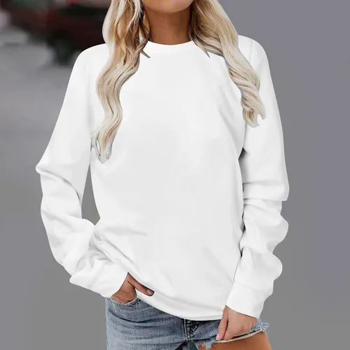 Vista 2 de Sudaderas para mujer 2023 de manga larga, lisas, cuello redondo, sin botones, ajuste holgado, túnica casual a la moda, trajes de otoño