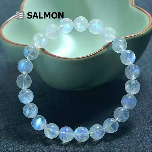 Vista 2 de Pulsera de mujer con cuentas redondas de cristal elástico y piedra lunar azul natural, 0.236in, AAAA