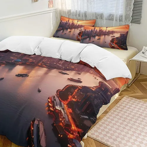 Vista 24 de Landscape Duvet Cover Full Size, Ultra Soft Microfiber Cityscape Bedding Set, 3 Pieces Night Scenery Pattern Comforter Cover Set with Zipper Closure