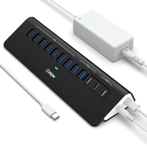 Vista 12 de Concentrador USB alimentado de 10 Gbps, intpw de 9 puertos USB 3.2, concentrador USB C con USB A/USB C 3.2, 4 USB 3.0, 2 puertos de carga PD de 45