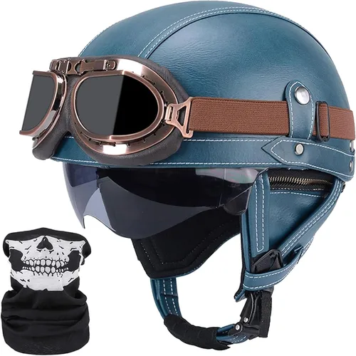 Vista 10 de Casco de motocicleta rosa, medio casco de cuero de estilo alemán, casco de motocicleta para mujer, aprobado por DOT, casco de media cara con gafas