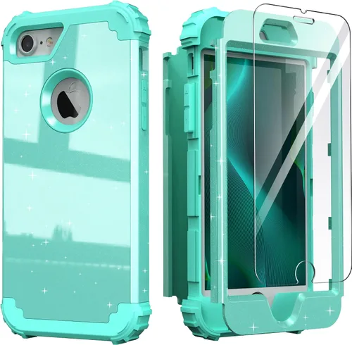 Vista 24 de IDweel Funda para iPhone 8 con Protector de Pantalla de Vidrio Templado, para iPhone 7, 3 en 1, Resistente a Golpes, Delgada, Híbrida, de Servicio