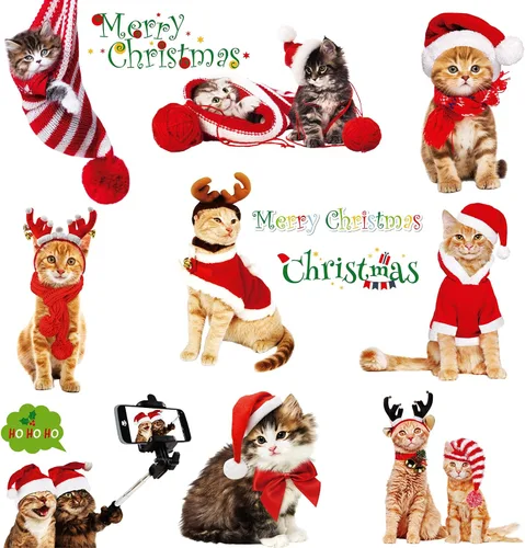 Vista 12 de Calcomanías de gato para ventana de Navidad, 9 hojas de decoración de Navidad, campanas de árbol de gato, calcomanías para fiestas de vacaciones