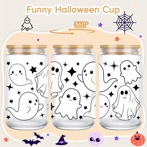 Vista 2 de Coolife Taza fantasma de Halloween, vaso de vidrio de 16 onzas con tapas y pajitas, taza de café helado espeluznante para batidos, bonitos regalos