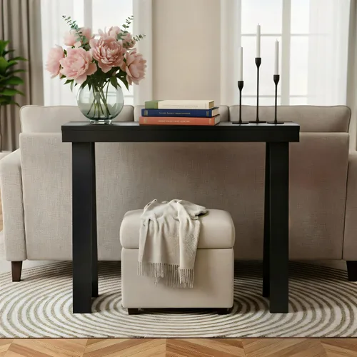 Vista 3 de Plank+Beam Mesa consola de madera maciza, 36 pulgadas, mesa de sofá, mesa de entrada estrecha para pasillo, detrás del sofá, sala de estar, Negro