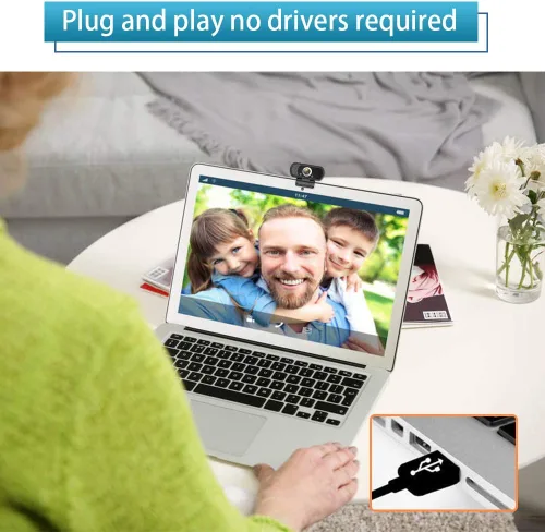 Vista 4 de Cámara web 1080P con micrófono, cámara web HD con soporte para trípode, corrección de luz automática, cubierta de privacidad, 110° FOV, cámara USB