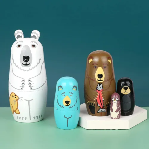 Vista 6 de Yoption 5 piezas de muñecas rusas anidadas, conjunto de muñecas Matryoshka de oso lindo hechas a mano en madera para regalo de cumpleaños de Navidad