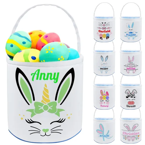 Vista 13 de Cesta de Pascua personalizada con nombre, bolsas de lona personalizadas para niños, cestas de Pascua para bebés, niños y niñas, color azul