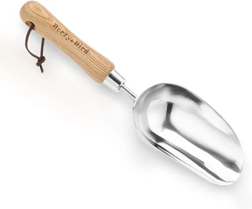 Vista 11 de Berry&Bird Cuchara de tierra de gran tamaño, cuchara de jardinería de acero inoxidable de 12.9 pulgadas con mango de madera de fresno