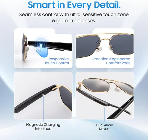 Vista 8 de LIMU Gafas de sol inteligentes Gen 5 AI – Gafas de sol inteligentes de diseño alemán con intérprete de IA en tiempo real, audio Bluetooth de oreja