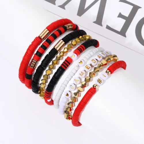 Vista 2 de Paquete de 9 pulseras apilables para el día del juego para mujer, pulseras elásticas con cuentas Heishi para fanáticos del fútbol y deportes