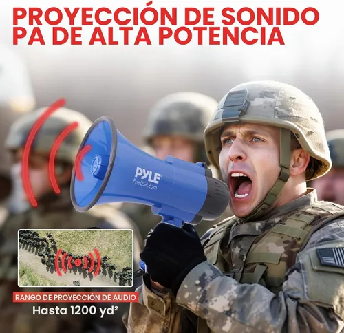 Vista 5 de Pyle Megáfono compacto con batería con sirena, 30 W de potencia, micrófono, 2 modos, sonido PA, megáfono, rango de 1200 yardas, mango plegable
