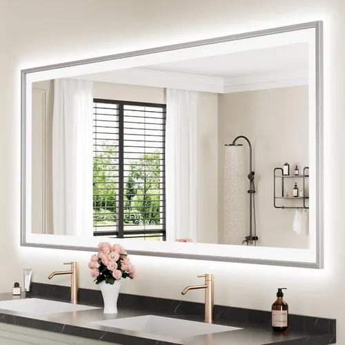 Vista 32 de Espejo de baño LED de 24x28 pulgadas con marco negro, espejos de baño retroiluminados y con luz frontal para pared, antiempañamiento, regulable