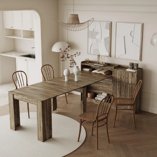 Vista 11 de Mesa de comedor plegable de madera expandible para espacios pequeños, mesa de comedor extensible para ahorro de espacio, mesa de cocina rectangular