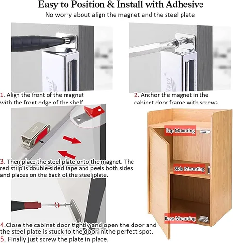Vista 9 de Jiayi Paquete de 4 imanes ultrafinos para cajones + 4 paquetes de 30 libras de capturas magnéticas para gabinete de cocina