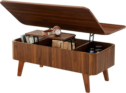 Vista 9 de Mesa de centro elevable 3 en 1, mesas de centro convertibles acanaladas que se convierten en mesas de comedor, moderna mesa central de madera Nuez 3