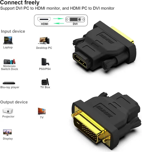 Vista 3 de BENFEI Adaptador DVI a HDMI, DVI-D bidireccional a HDMI macho a hembra con cable chapado en oro, paquete de 2