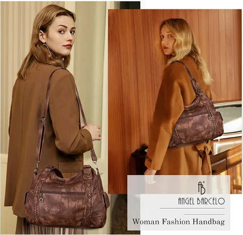 Vista 267 de Angel Barcelo - Bolsa de hombro amplia para mujer, diseño Hobo, cuero lavado