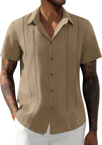 Vista 18 de Camisa de manga corta de lino para hombre de DEMEANOR, camisa guayabera cubana con botones, camisa casual de verano para la playa, la vacación