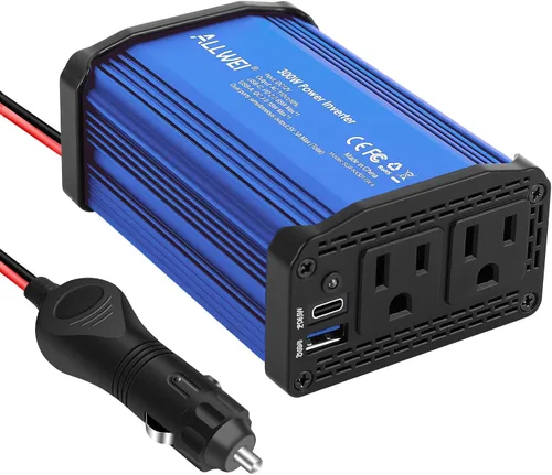 Vista 3 de ALLWEI Inversor de coche de 300 W con puerto USB 3.0 USB-C de 65 W - CC 12 V a 110 V (rojo y azul)