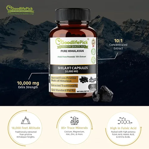 Vista 2 de Cápsulas puras de Shilajit del Himalaya. Shilajit natural de máxima fuerza rica en trazas minerales y ácido fúlvico. Abastecimiento de alta altitud.
