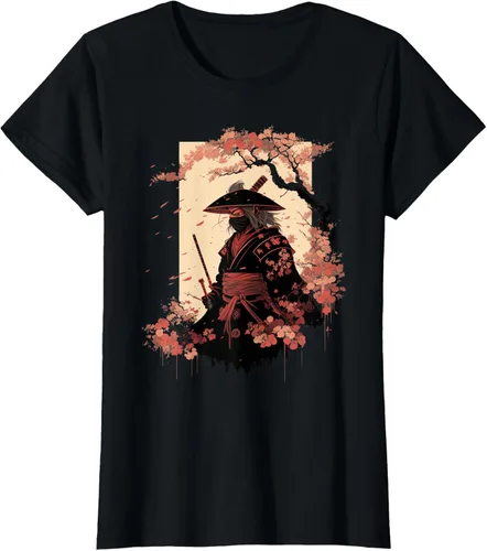 Vista 31 de Camiseta estética vintage samurái de arte japonés samurái retro cereza, Negro