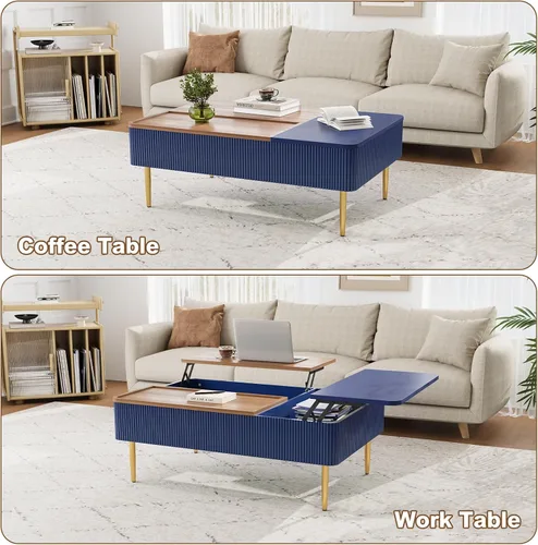Vista 4 de HLR Mesa auxiliar de doble elevación de 47 pulgadas con almacenamiento, moderna mesa de centro de madera acanalada con compartimento oculto, mesa