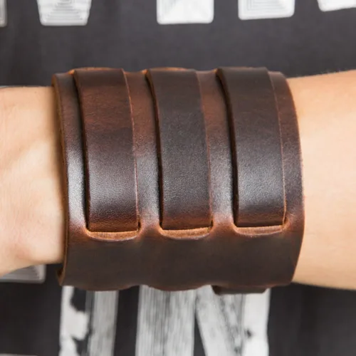 Vista 3 de HZMAN Brazalete ancho de cuero para hombre con triple correa de guantelete con hebilla de sujeción