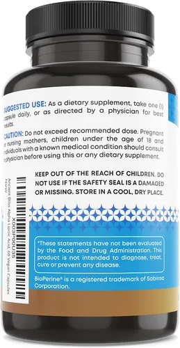 Vista 6 de Ancient Bliss Suplemento de ácido alfa lipoico, antioxidante y apoyo energético, suplemento ALA con bioperina, sin gluten y soja, 600 mg por
